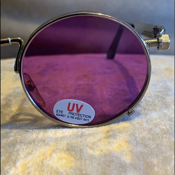 NEW! Purple Round Lens Sunglasses Silver Designed Metal Spring Sides - Picture 5 of 14